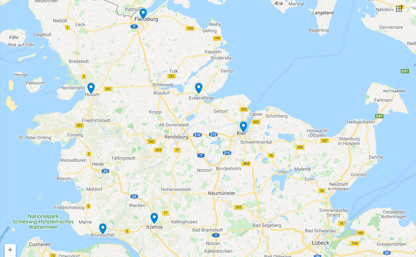 screenshot Beratungsstellen Startseite Karte mit sechs Krebsberatungsstellen in Schleswig-Holstein